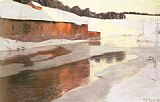 Fritz Thaulow Canvas Paintings - A Factory Building near an Icy River in Winter